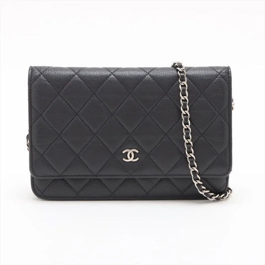 Chanel CC Logo Matelasse Caviar Skin Wallet on Chain Navy Blue