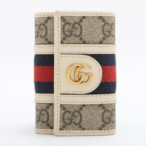 Gucci GG Supreme Monogram Midnight Blue and Red Web Leather Key Case White