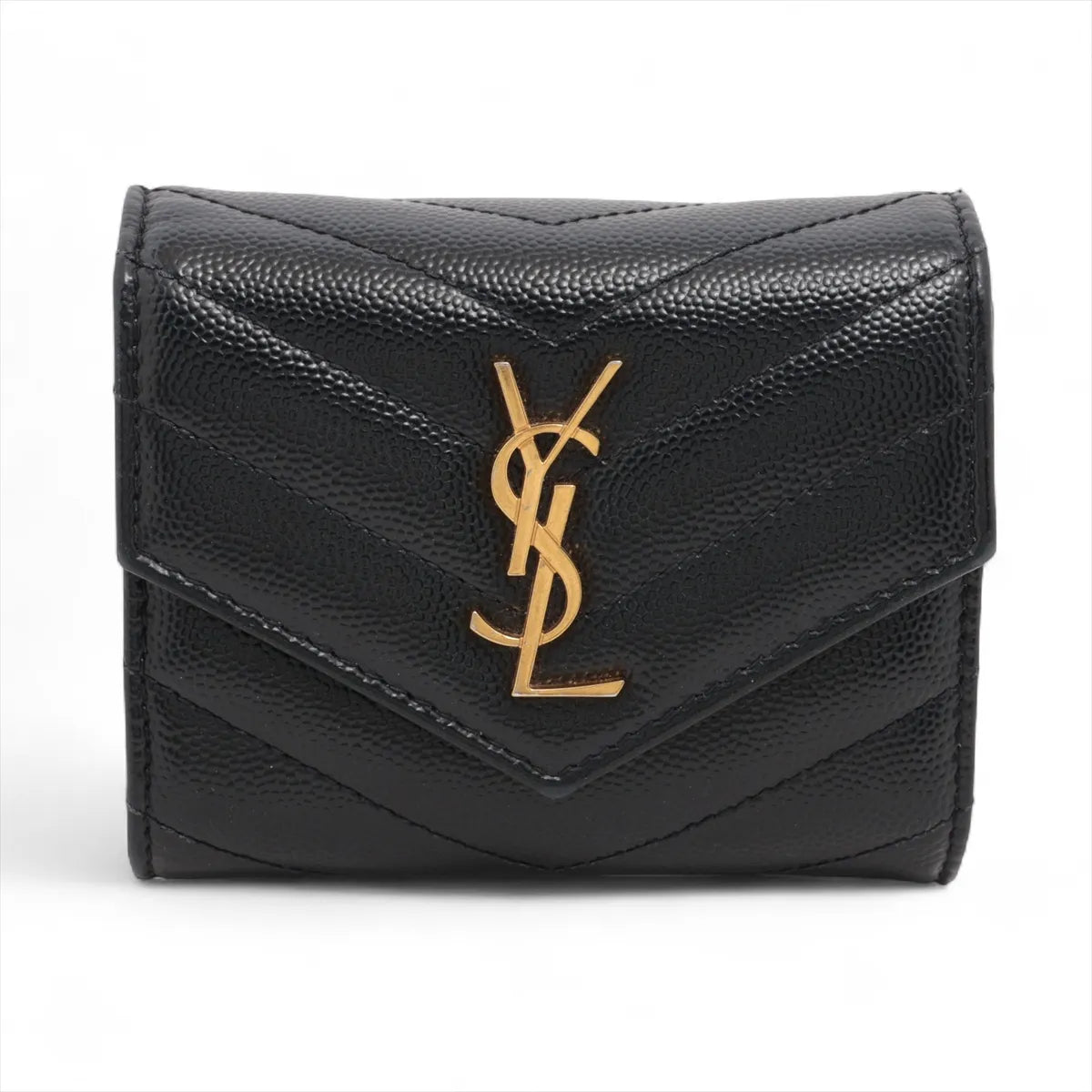 Saint Laurent V Stitch Leather Compact Wallet Black
