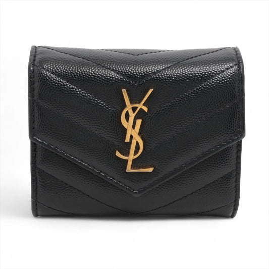 Saint Laurent V Stitch Leather Compact Wallet Black