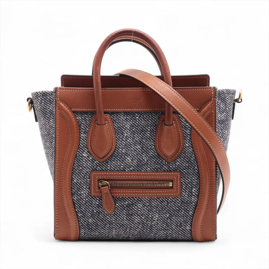 Celine Luggage Nano Shopper Tweed Leather Two-Way Handbag Navy Blue x Brown