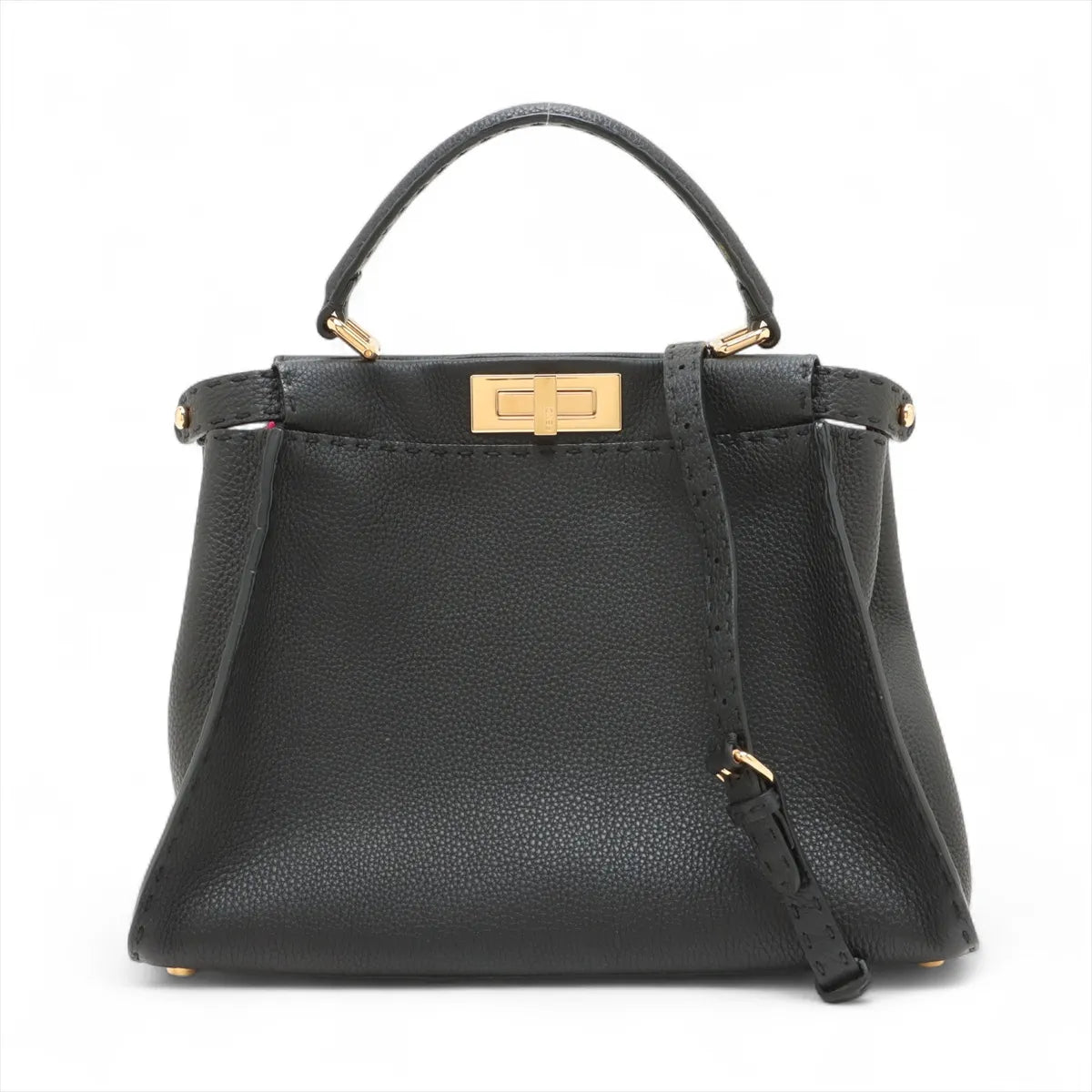 Fendi Peekaboo Regular Selleria Leather Two-Way Handbag Black x Hot Pink