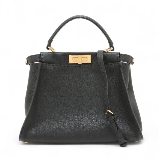 Fendi Peekaboo Regular Selleria Leather Two-Way Handbag Black x Hot Pink