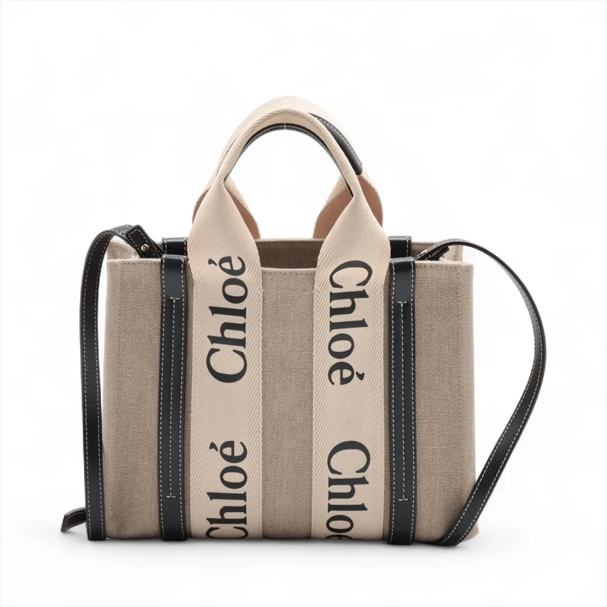 Chloe Woody Small Canvas Leather Two-Way Handbag Beige x Black