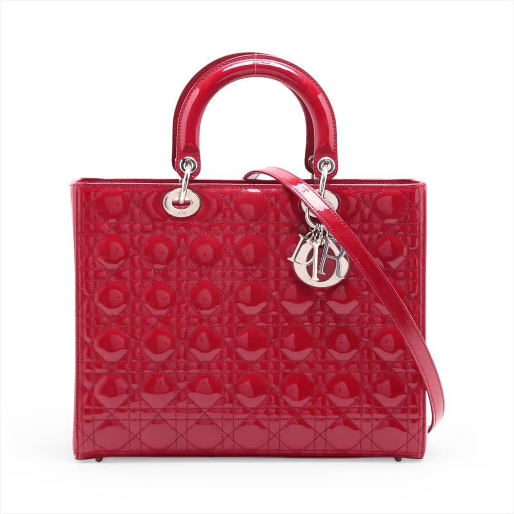 Christian Dior Cannage Lady Dior Large Patent Leather Two-Way Shoulder Bag Red