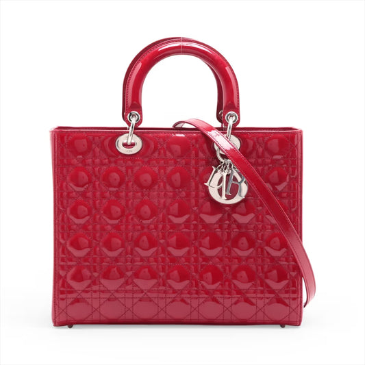 Christian Dior Cannage Lady Dior Large Patent Leather Two-Way Shoulder Bag Red
