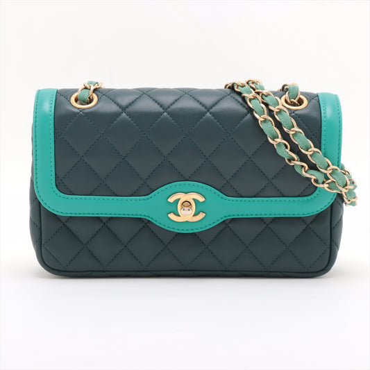 Chanel CC Logo Matelasse Lambskin Chain Shoulder Bag Dark Green x Turquoise