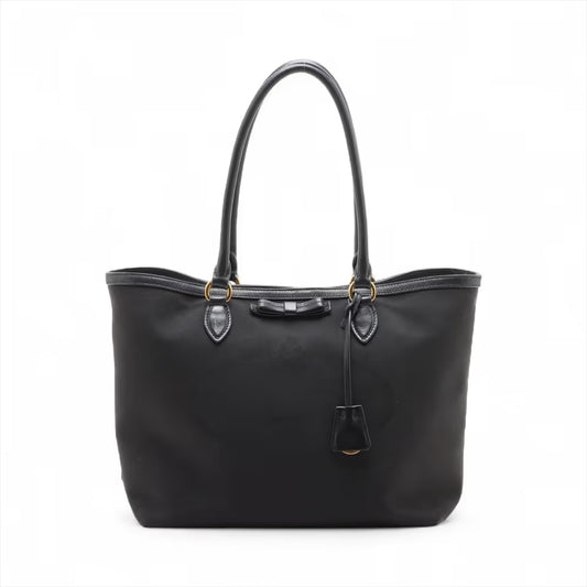 Prada Logo Jacquard Canvas Leather Tote Bag Black