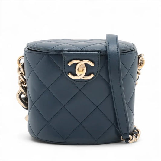 Chanel CC Logo Matelasse Lambskin Chain Shoulder Bag Navy Blue