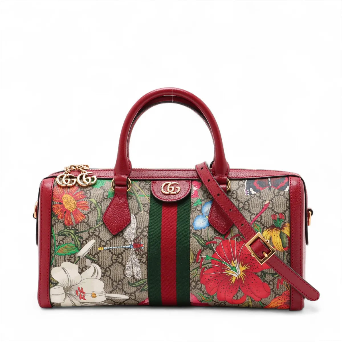 Gucci GG Floral Leather Two-Way Shoulder Bag Beige x Red
