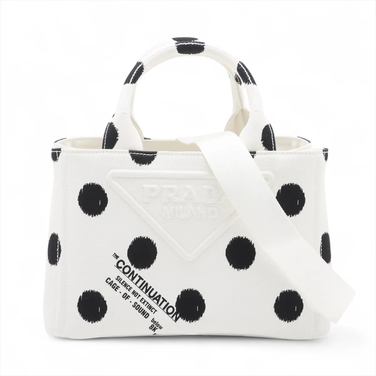 Prada Canapa Black Polka Dot Two-Way Handbag White