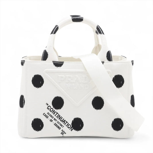 Prada Canapa Black Polka Dot Two-Way Handbag White