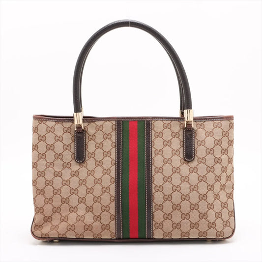 Gucci Web GG Logo Canvas Leather Tote Bag Beige