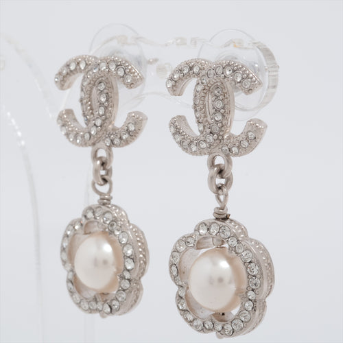 Chanel CC Rhinestone Pearl Camellia Stud Dangle Earring