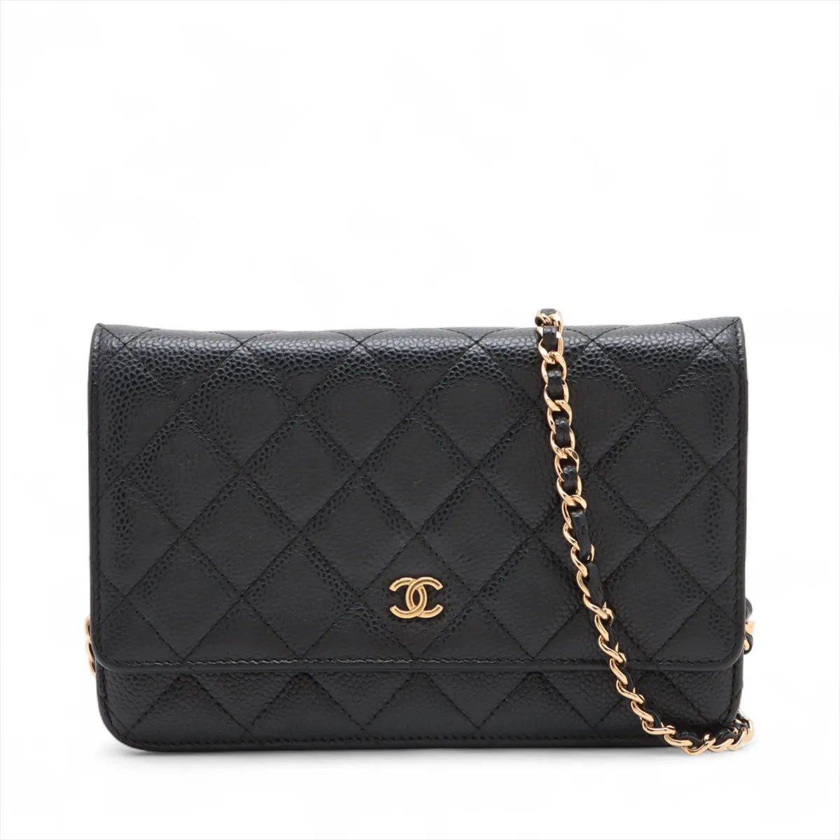 Chanel CC Logo Matelasse Caviar Skin Wallet on Chain Black Gold