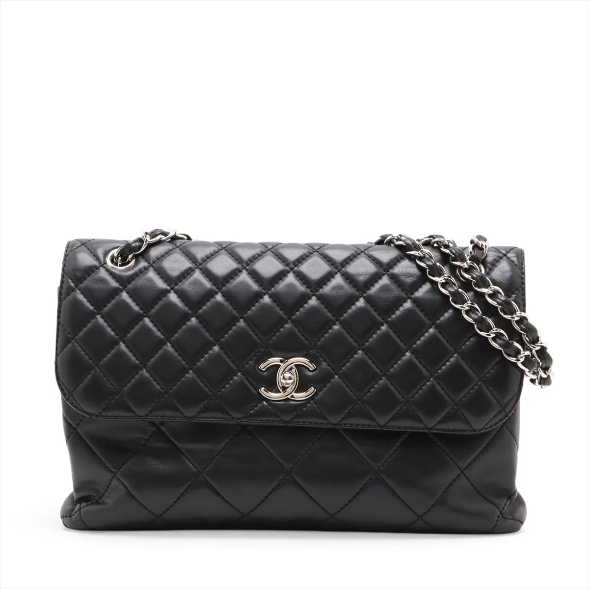 Chanel CC Logo Big Matelasse Lambskin Single Flap Double Chain Bag Black