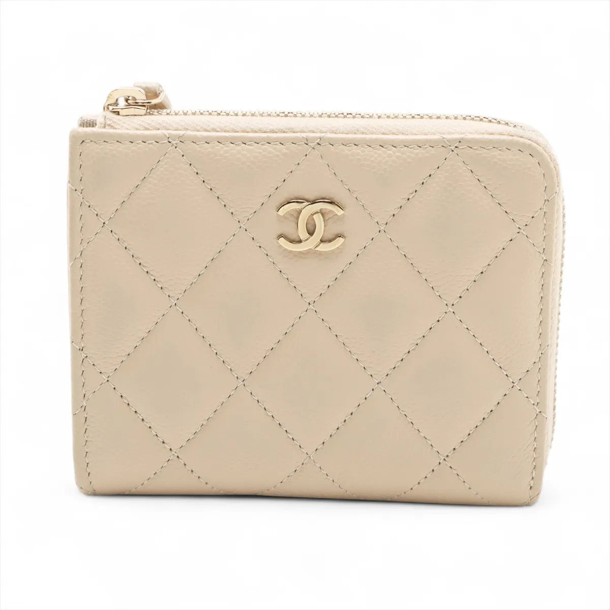 Chanel CC Logo Matelasse Caviar Skin Compact Wallet Ivory