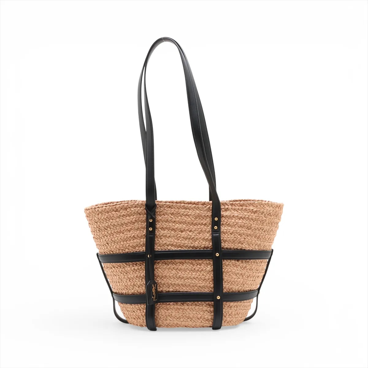 Saint Laurent Paris Panier Raffia Leather Straw Bag Beige x Black