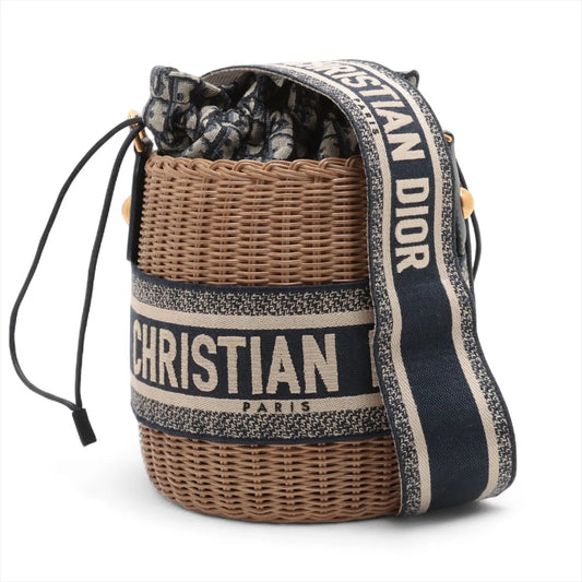 Christian Dior Oblique Rattan Canvas Bucket Shoulder Bag Beige x Navy Blue