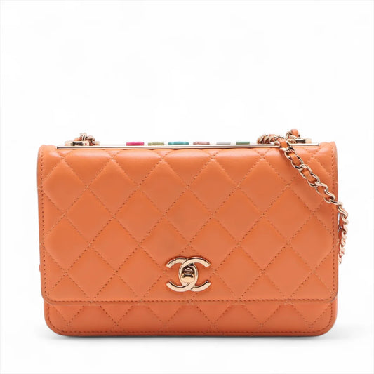 Best Chanel Trendy Multicolor Chanel Logo Lambskin Chain Wallet On Chain Orange