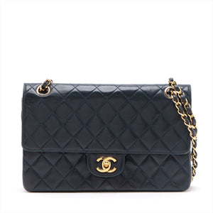 Chanel Matelassé Lambskin Leather Medium Double Flap Chain Shoulder Bag Navy Blue
