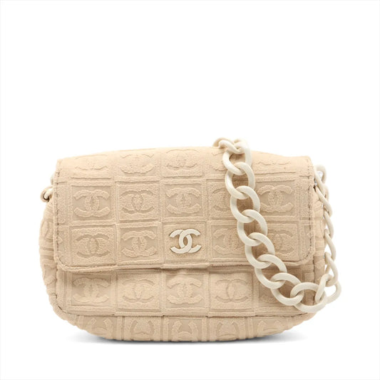 Chanel CC Logo Jacquard Terry Cloth Chain Shoulder Bag Beige