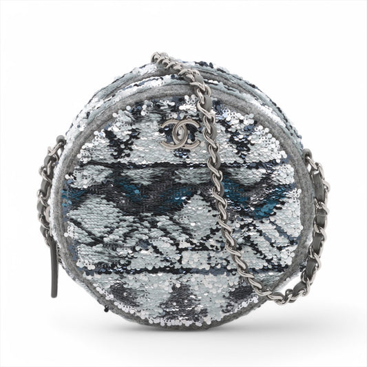 Chanel CC Logo Sequins x Wool Chain Round Shoulder Bag Gray * PREORDER *