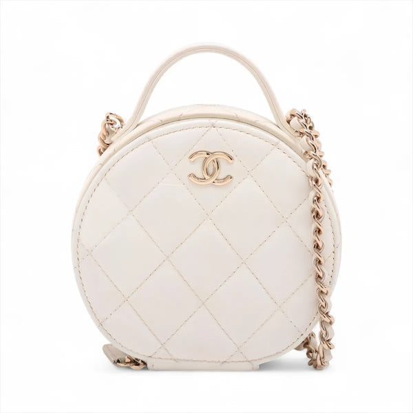 Chanel CC Logo Matelasse Leather Two-Way Round Shoulder Bag White