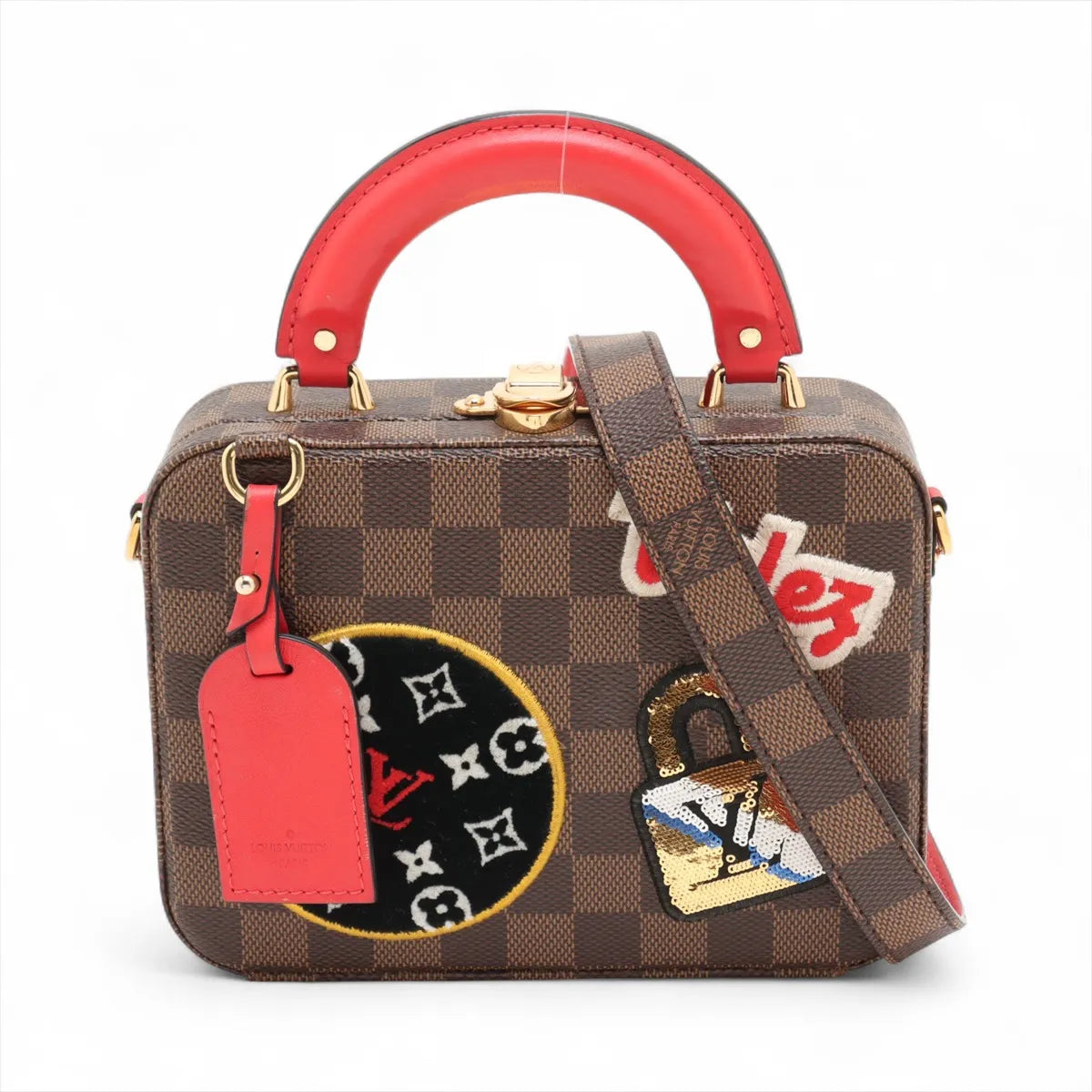 Louis Vuitton Damier Ebene LV Stories Box Patches Bag Brown x Red