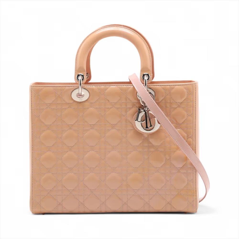 Christian Dior Lady Dior Cannage Patent Leather Two-Way Handbag Beige x Pink
