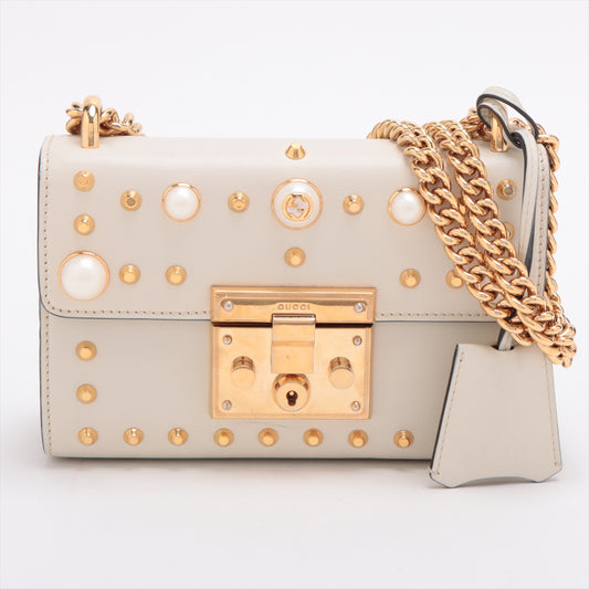 Gucci Pearl Stud Padlock Leather Chain Shoulder Bag Beige