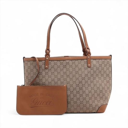 Gucci GG Canvas Leather Tote Bag in Beige Brown