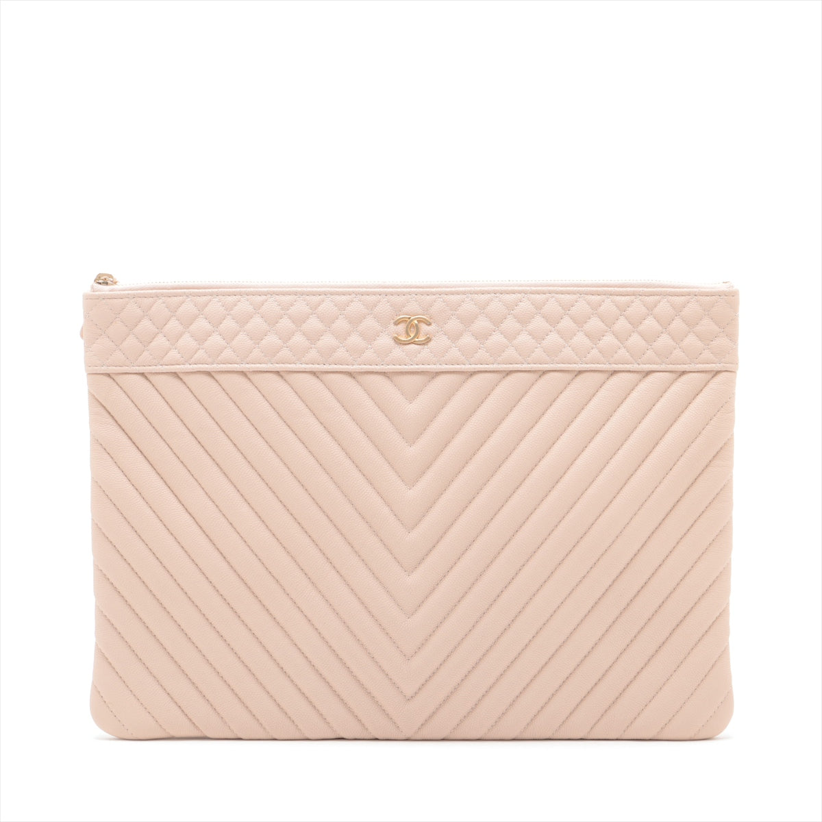 Chanel CC Logo V Stitch Caviar Skin Clutch Bag Beige