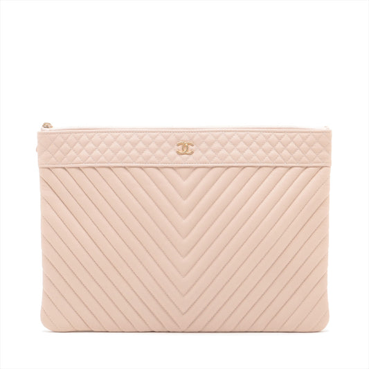 Chanel CC Logo V Stitch Caviar Skin Clutch Bag Beige