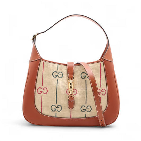 Gucci Jackie 1961 Raffia Leather Shoulder Bag Brown x Beige