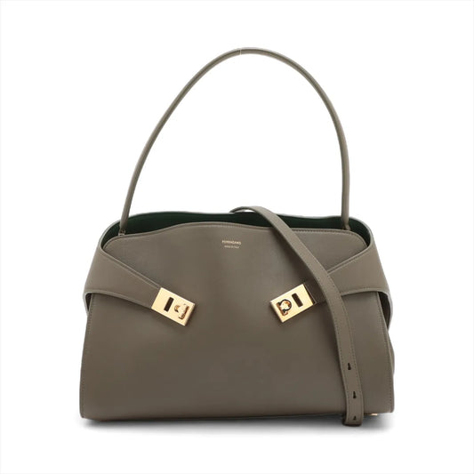 Ferragamo Hug Leather Shoulder Bag Olive Green x Forest Green