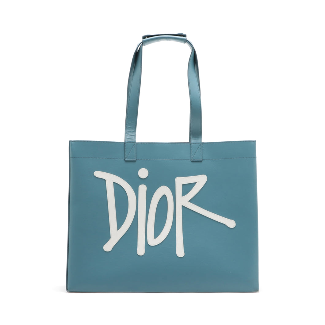 Christian Dior x Shawn Stussy Logo Leather Tote Bag Blue