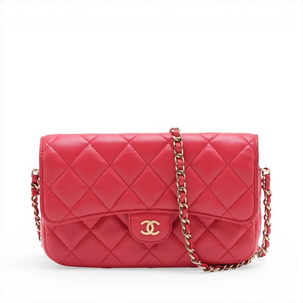 Chanel CC Logo Matelasse Lambskin Wallet on Chain Red