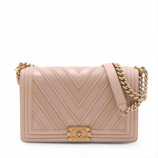 Chanel Boy Chevron V Stitch Chain Shoulder Bag Beige