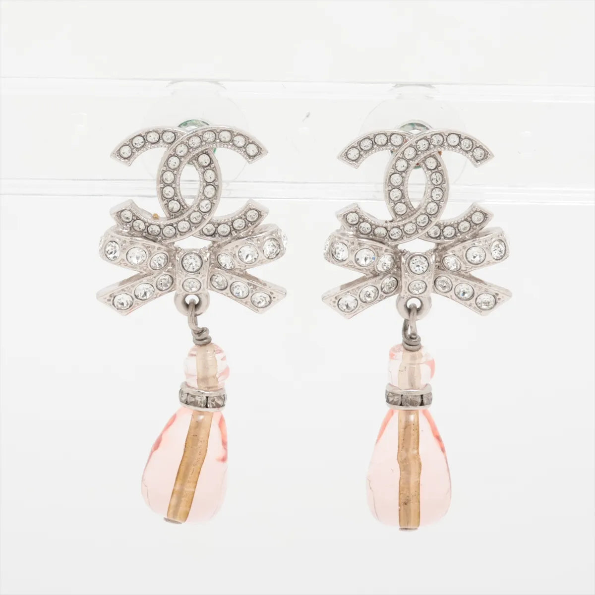 Chanel CC Logo Ribbon Rhinestone Stud Drop Earring