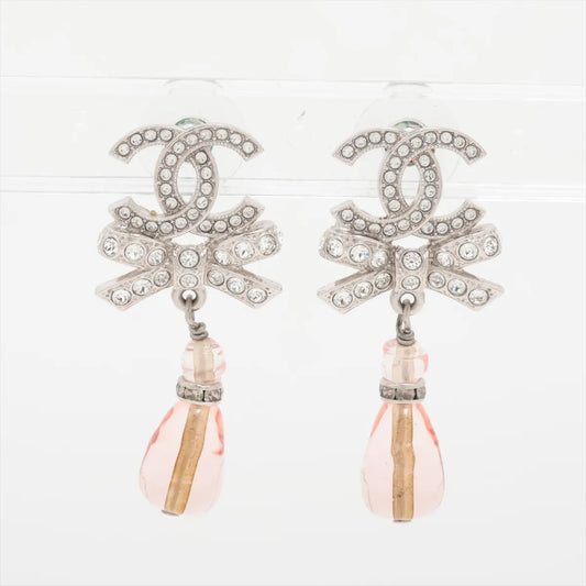 Chanel CC Logo Ribbon Rhinestone Stud Drop Earring