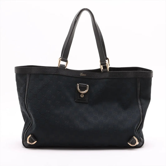 Gucci GG Logo Canvas Leather Tote Bag Black