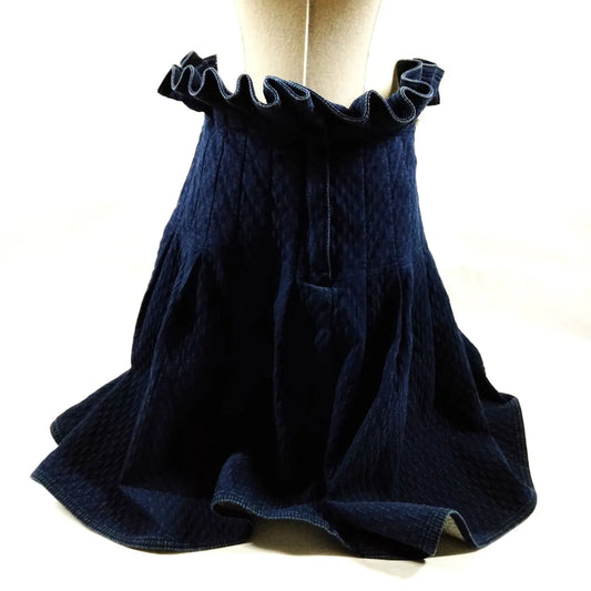 Chanel Ruffled Waist Quilted Cotton Skirt Dark Blue