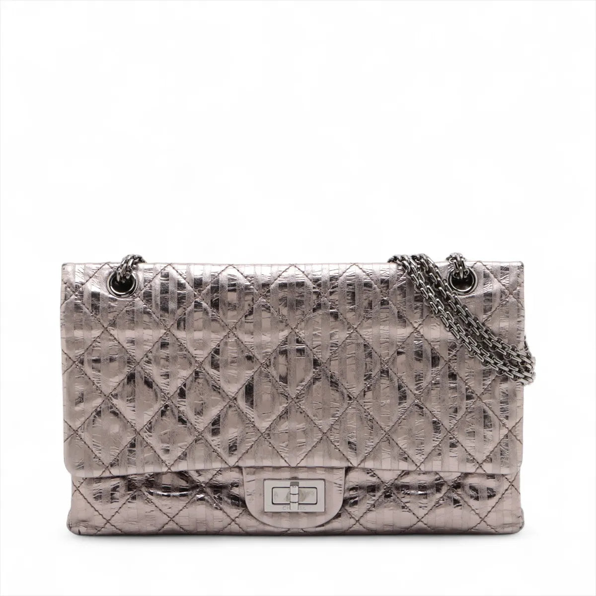 Chanel Matelasse 2.55 Maxi Vintage Calf Double Flap Double Chain Bag Stripe Metallic Silver