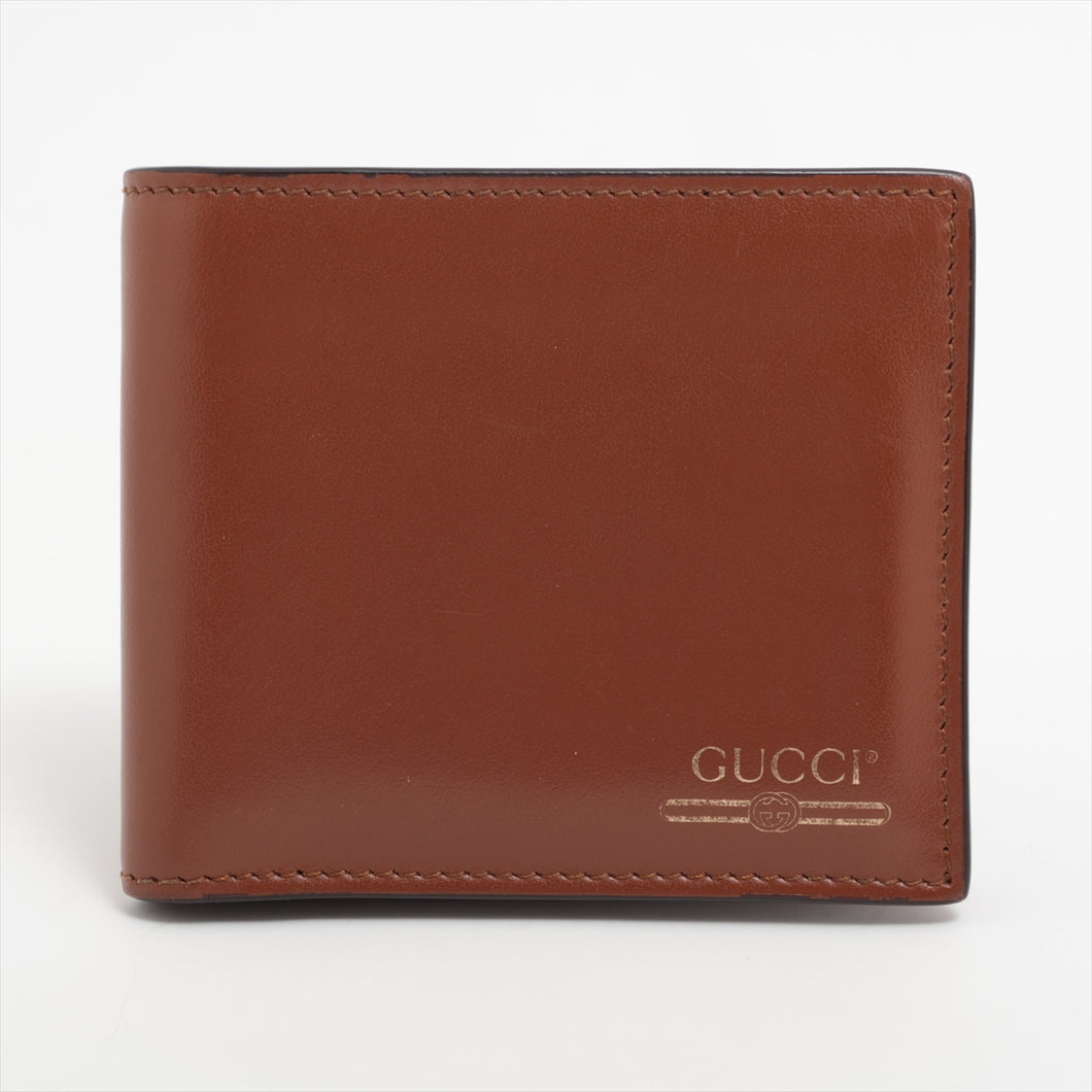 Gucci Logo Leather Bi fold Compact Wallet Brown