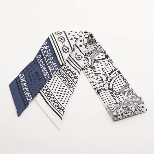 Hermès Eperon d'Or Bandana Silk Twilly Blanc x Marine x Noir