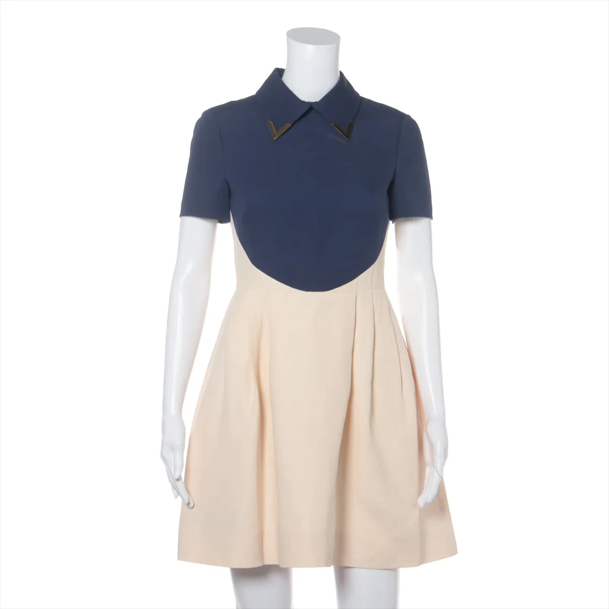 Valentino Wool Silk Dress Navy x Ivory