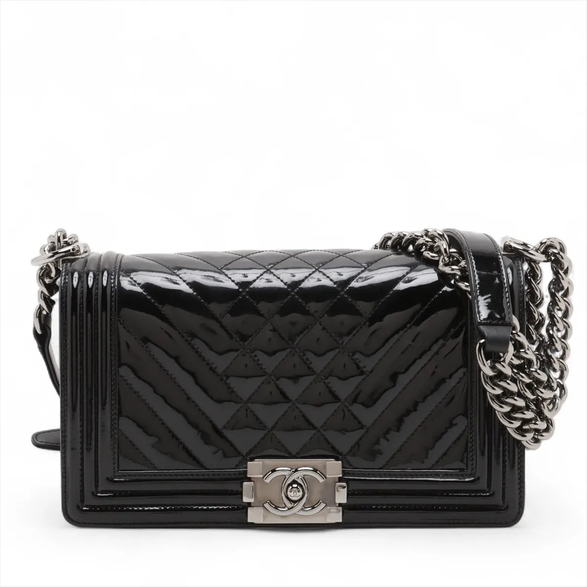 Chanel Boy Chanel 25 Patent Leather Chain Shoulder Bag Black
