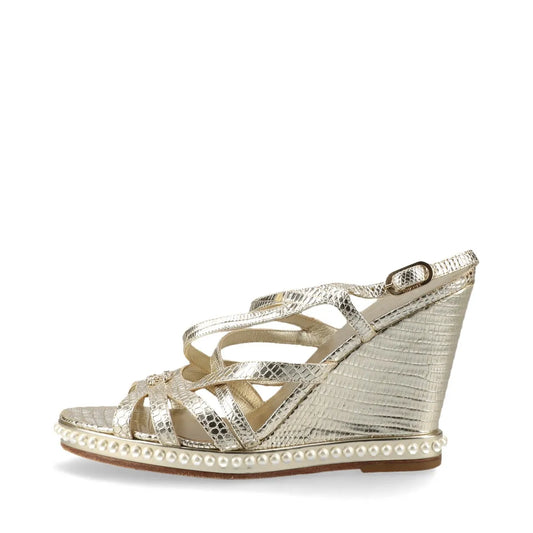 Chanel CC Logo Moc Lizard Wedge Sandal Gold