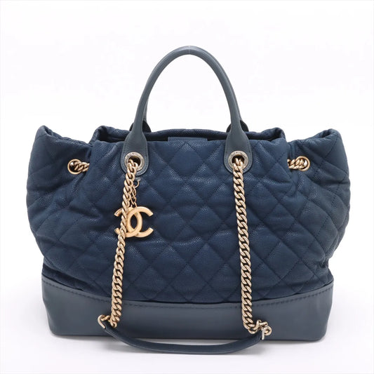 Chanel Matelasse Caviar Skin Two-Way Tote Bag Navy Blue